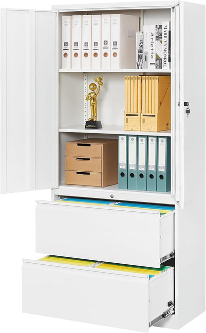 SISESOL Storage Cabinet Metal Display Cabinet with Glass Doors, 71in H x 31.5in W x 15.7in D, White, Kitchen Pantry Cabinet for Home Office, Bathroom, Bedroom, Living Room