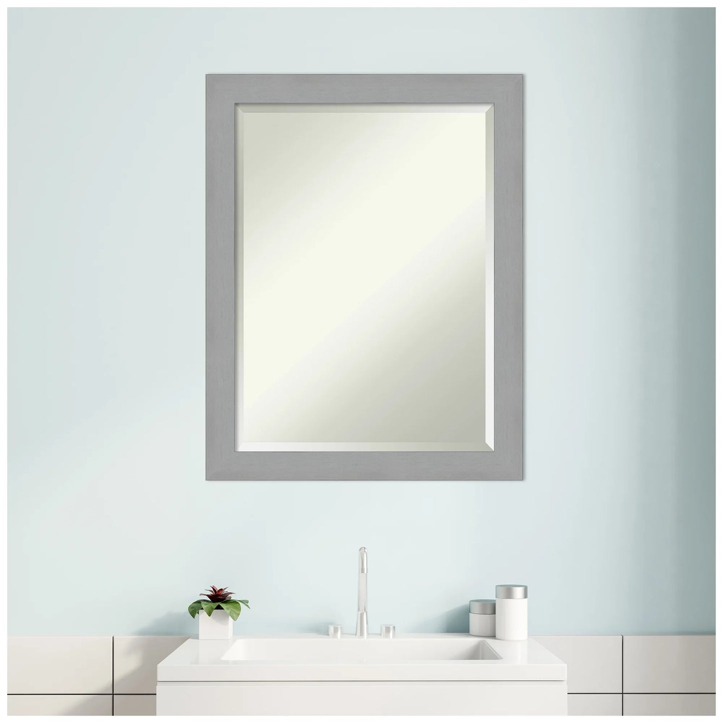 Brushed Nickel Beveled Wood Bathroom Wall Mirror