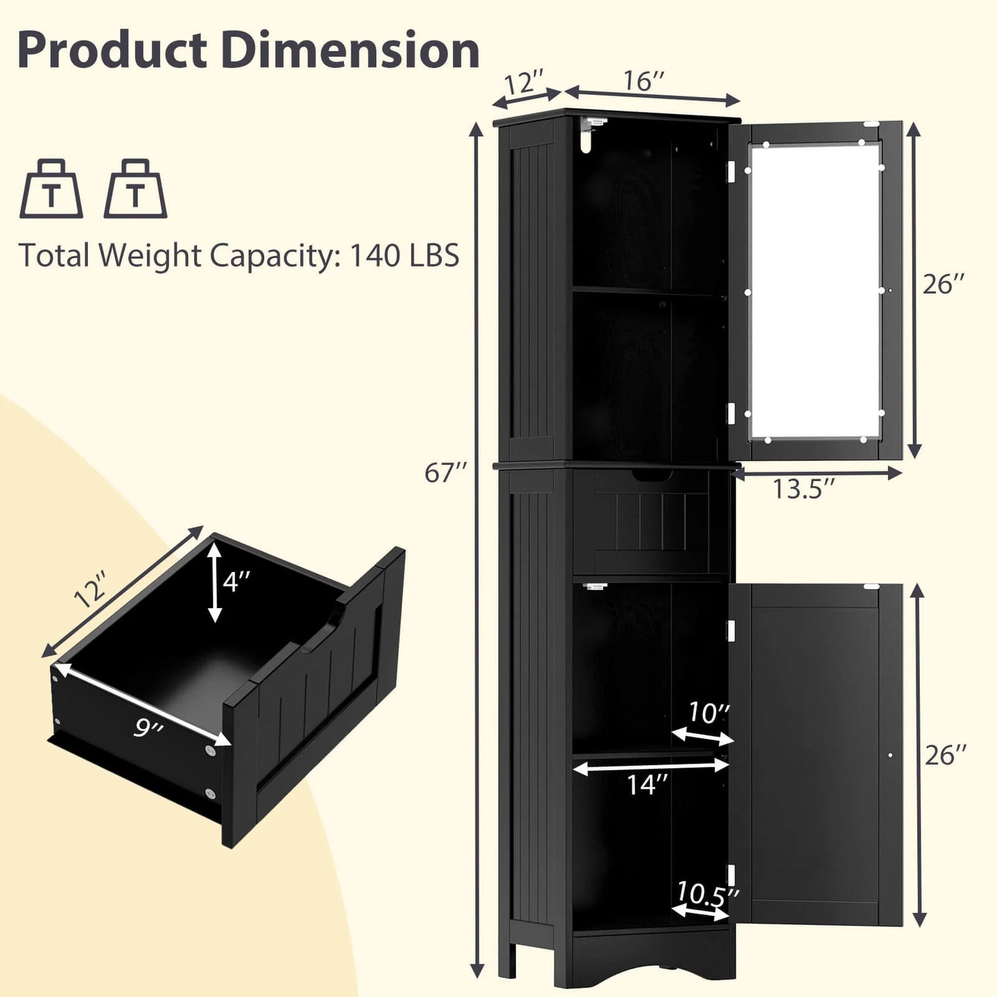 Costway Tall Bathroom Cabinet with Adjustable Shelves Deep Drawer for Living Room Black