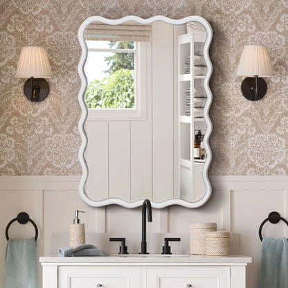 Solid Wood Wavy Frame Modern Mirror - 40x28 Inches Durable Farmhouse Wall Decor for Bathroom, Living Room & Entryway with Easy Install