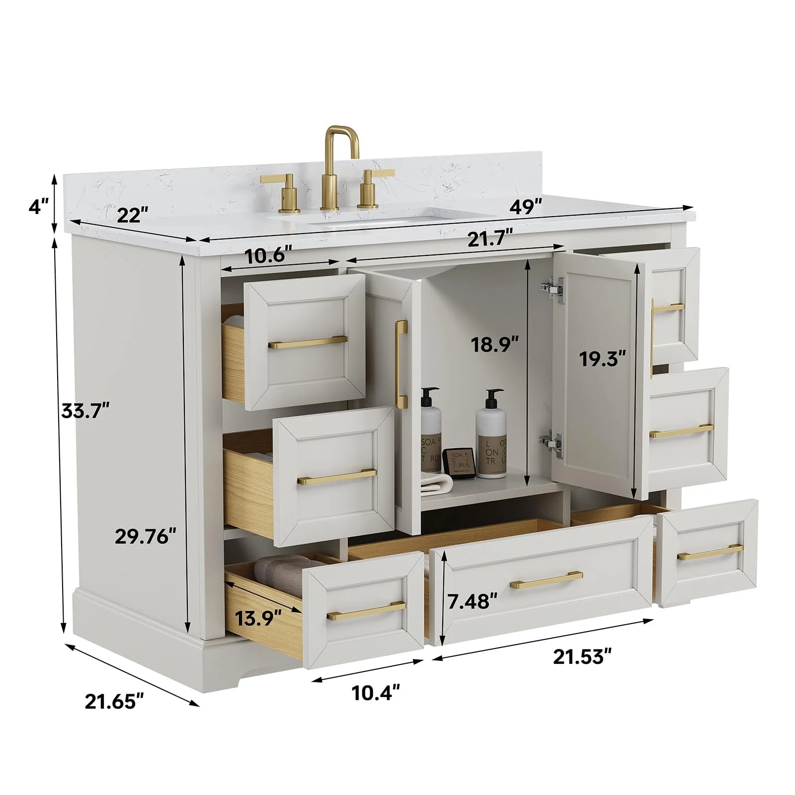 Deluxe Living 48" Bathroom Vanity with Marble Top, Fully-Assembled vanity with Ceramic Sink,Solid Wood Frame,Greige White