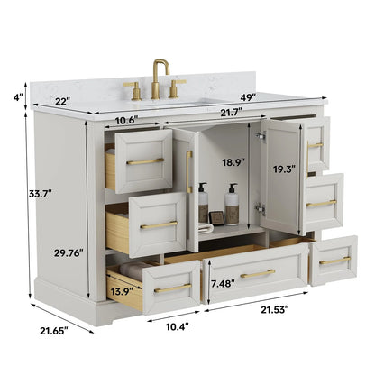 Deluxe Living 48" Bathroom Vanity with Marble Top, Fully-Assembled vanity with Ceramic Sink,Solid Wood Frame,Greige White