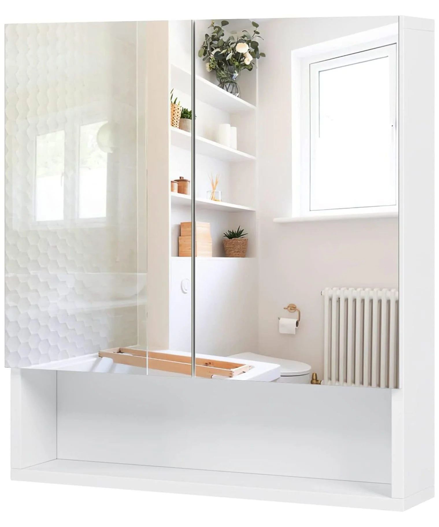 Bathroom Wall Cabinet Medicine Cabinet, Wall Mounted Bathroom Mirror with Storage Mirror Cabinet with 2 Doors and Adjustable Shelf, Laundry Living Room, White