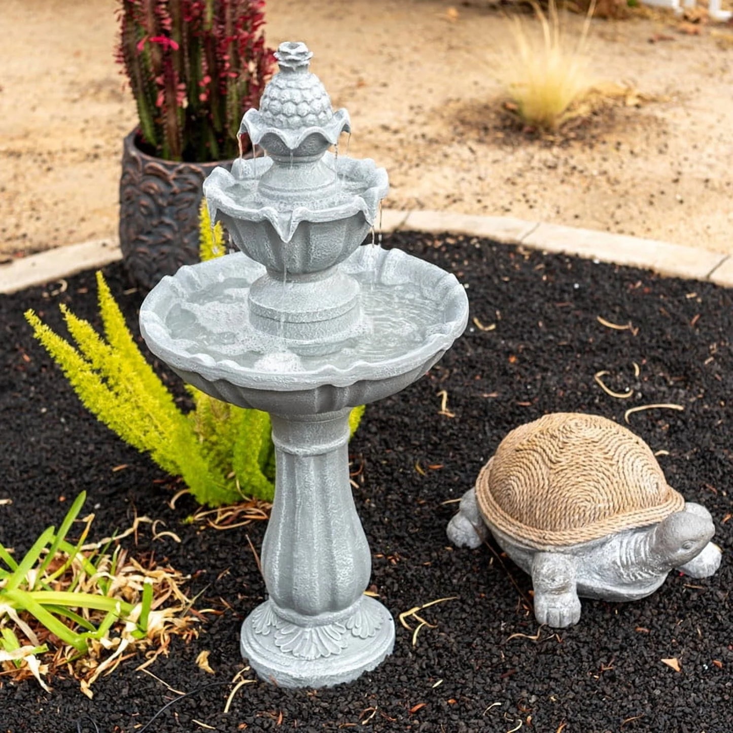 XBrand 36.2" 2-Tier Outdoor Freestanding Solar Water Fountain - Classic Design, Grey Resin Bird Bath with Pump - Ideal for Yard, Lawn and Garden, Porch D��cor