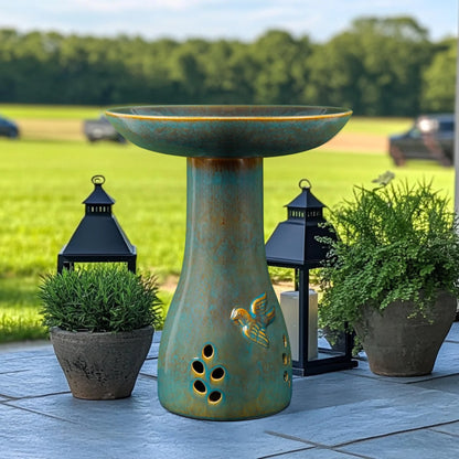 EFISPSS Ceramic Outdoor Bird Bath with Diamond and Blue Decor