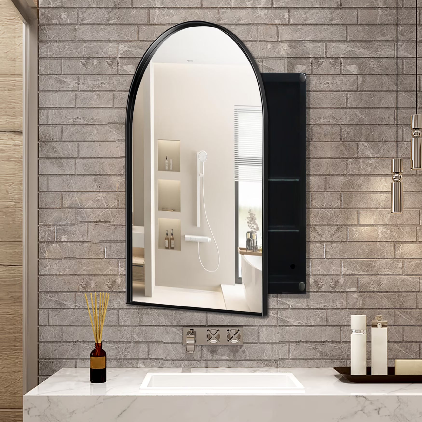 16x24 Inch Bathroom Mirror Cabinet with Adjustable Glass Shelves, Recessed Metal Framed Medicine Cabinet for Storage, Matte Gold