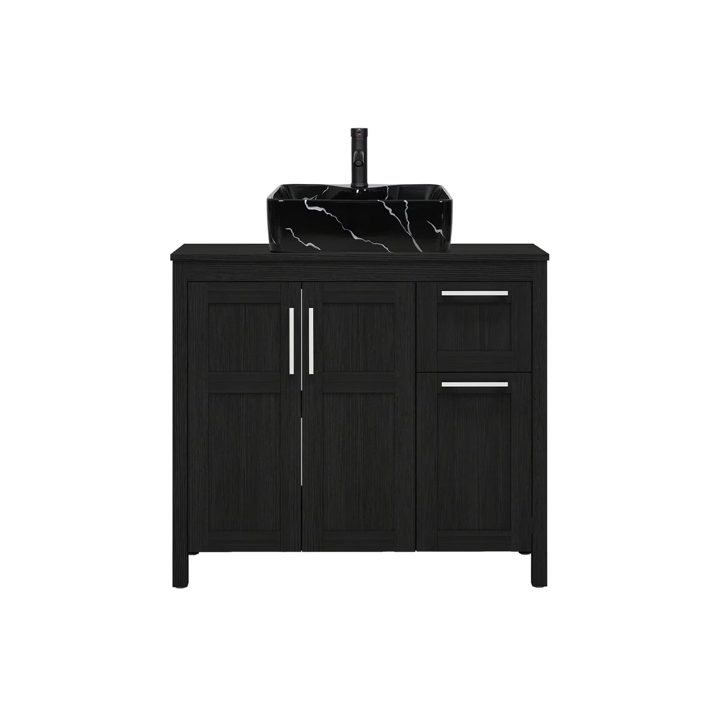 PULUOMIS 36 Inches Bathroom Vanity in Black Finish with Glass Boat-Shaped Vessel Sink, Single Bathroom Vanity with Top, 2-Door Cabinet and 2 Drawers