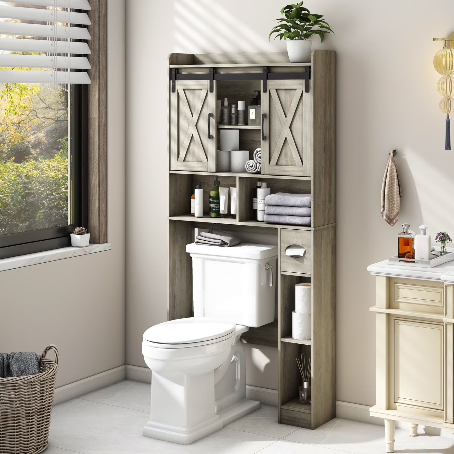 Over The Toilet Storage Cabinet, Farmhouse Storage Cabinet Over Toilet with Sliding Doors��Home Space-Saving Toilet Rack, for Bathroom, Restroom, Laundry