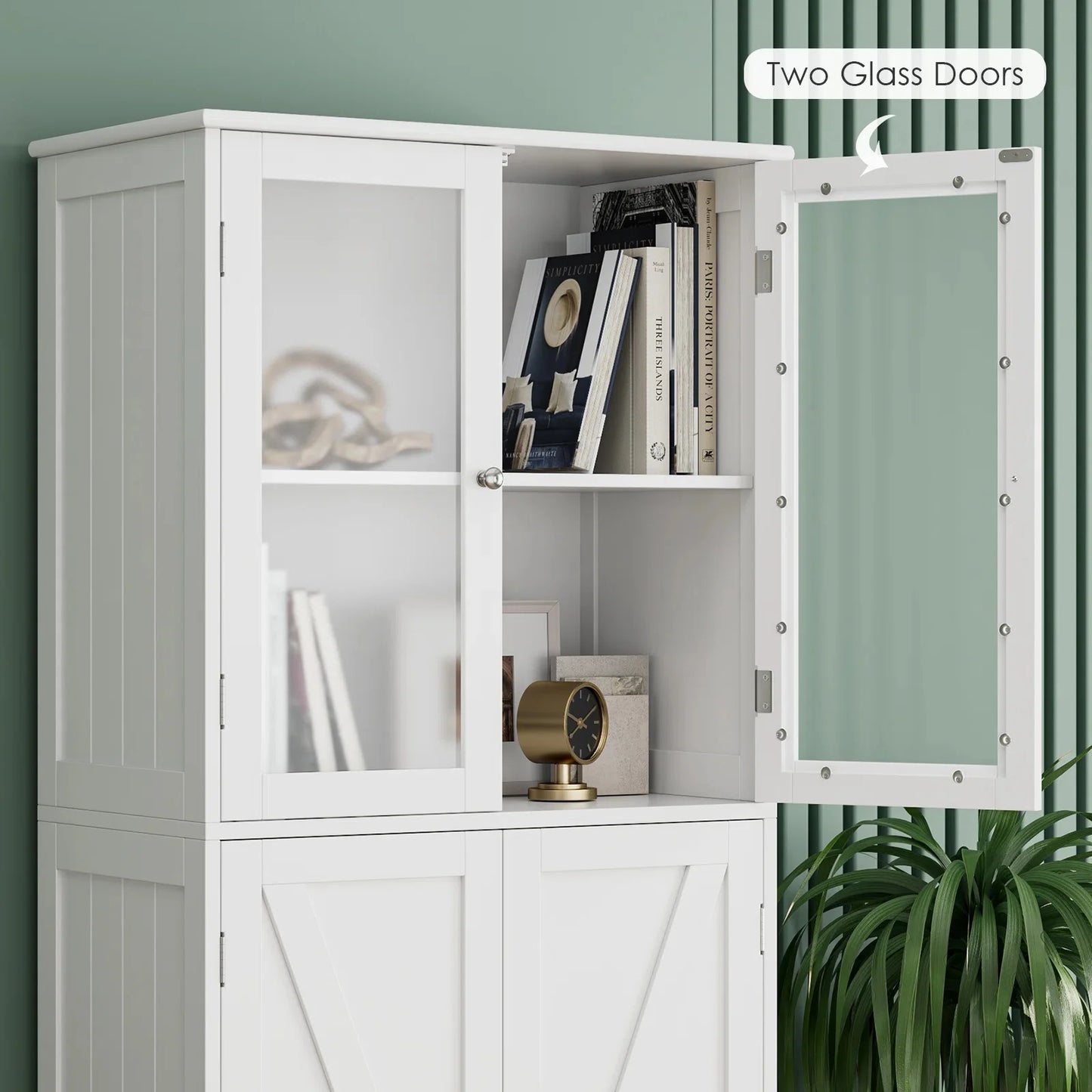 Homfa 67" Tall White Bathroom Storage Cabinet with Glass Doors, Farmhouse Freestanding Cupboard Storage Cabinet for Small Space