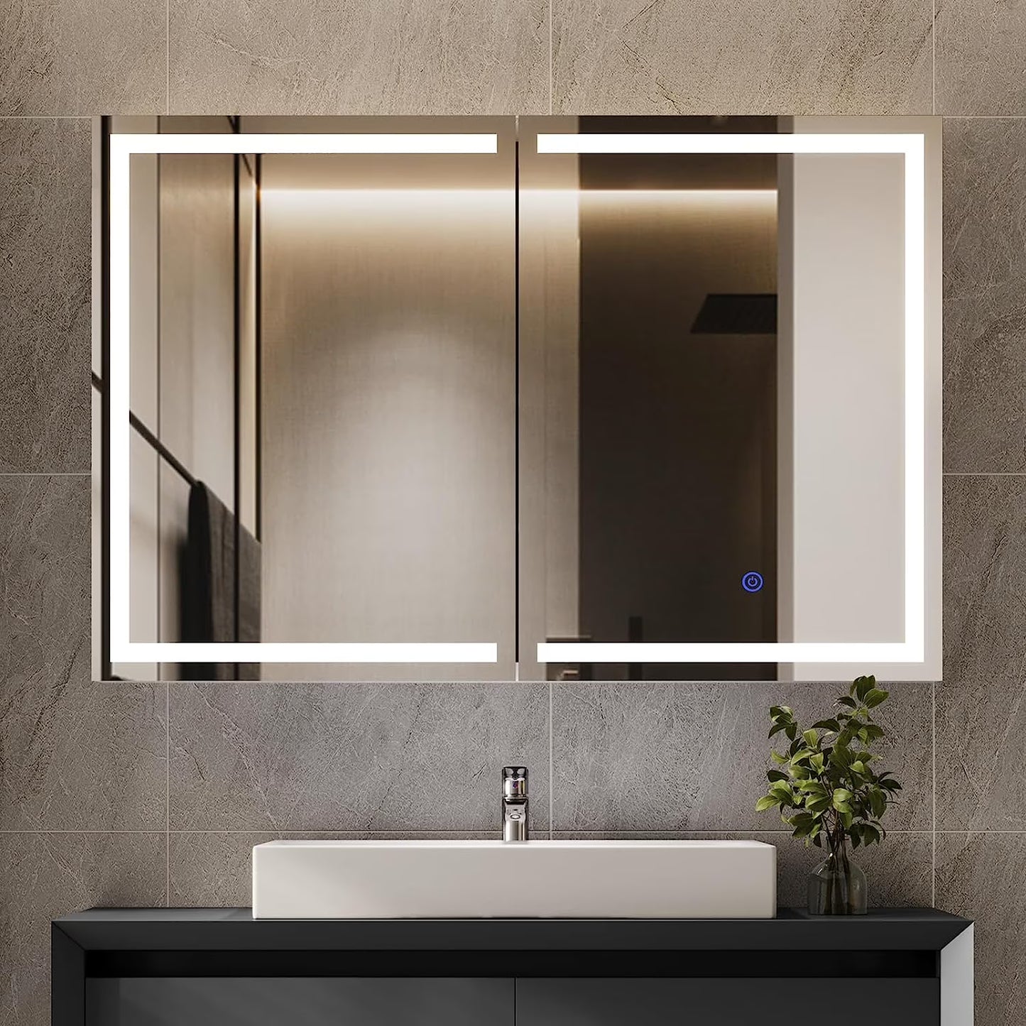 Lighted Medicine Cabinet with Mirror&LED Light for Bathroom,Wall Mounted Bathroom Mirror Cabinet with Storage and 2 Outlet and 3 Doors for Home, White, 39.4" x 23.6"