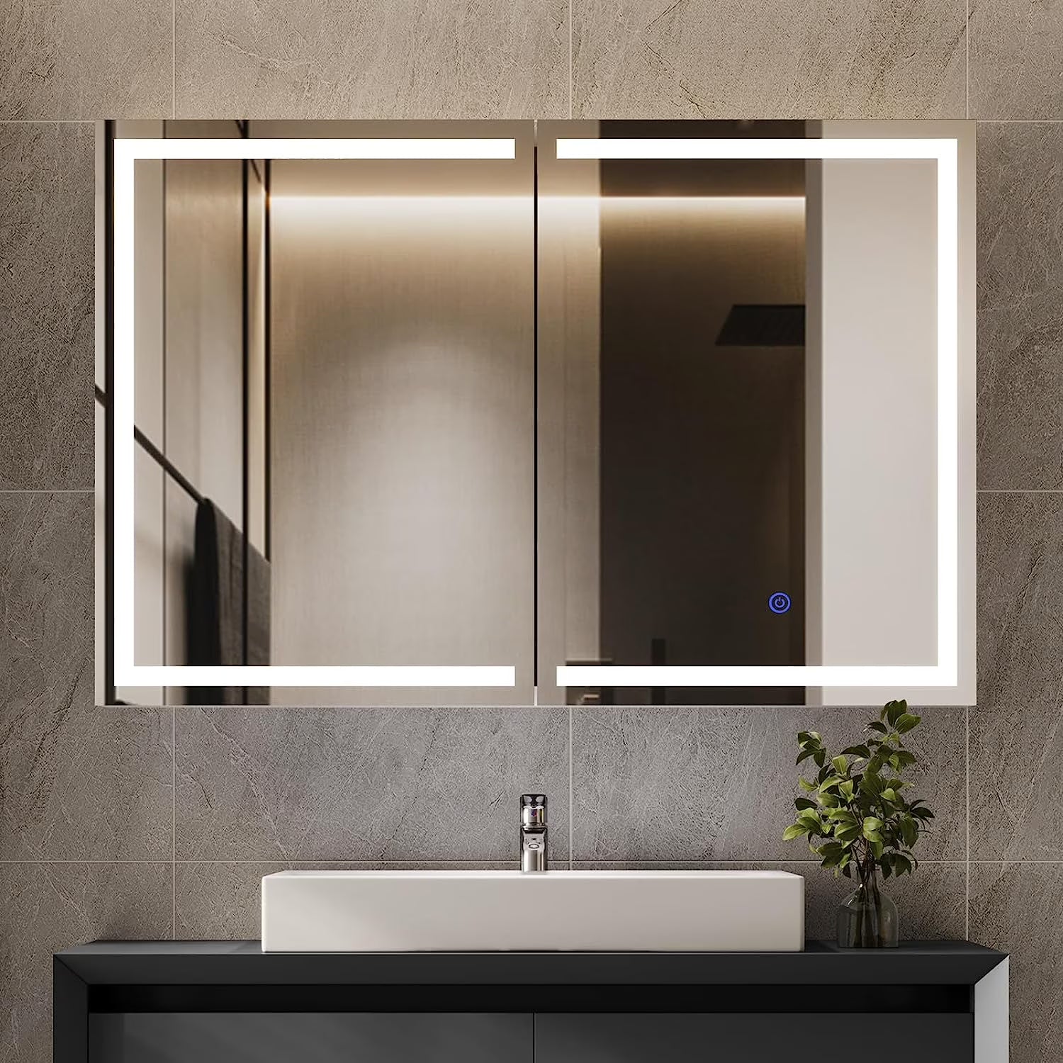 Lighted Medicine Cabinet with Mirror&LED Light for Bathroom,Wall Mounted Bathroom Mirror Cabinet with Storage and 2 Outlet and 3 Doors for Home, White, 39.4" x 23.6"