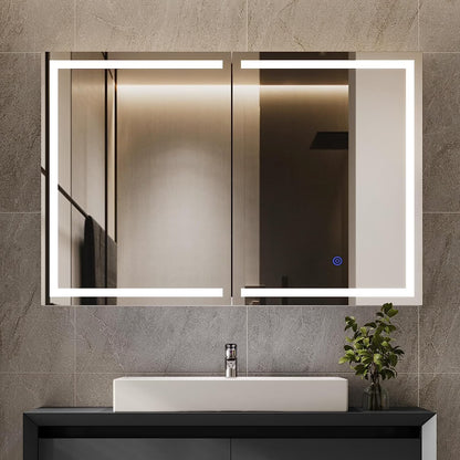 Lighted Medicine Cabinet with Mirror&LED Light for Bathroom,Wall Mounted Bathroom Mirror Cabinet with Storage and 2 Outlet and 3 Doors for Home, White, 39.4" x 23.6"