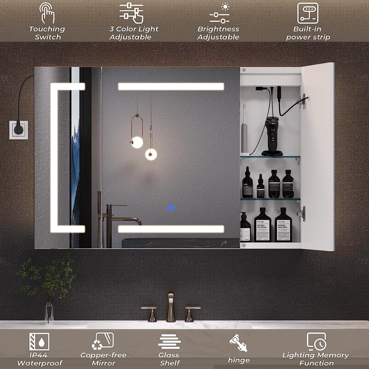 Lighted Medicine Cabinet with Mirror&LED Light for Bathroom,Wall Mounted Bathroom Mirror Cabinet with Storage and 2 Outlet and 3 Doors for Home, White, 39.4" x 23.6"