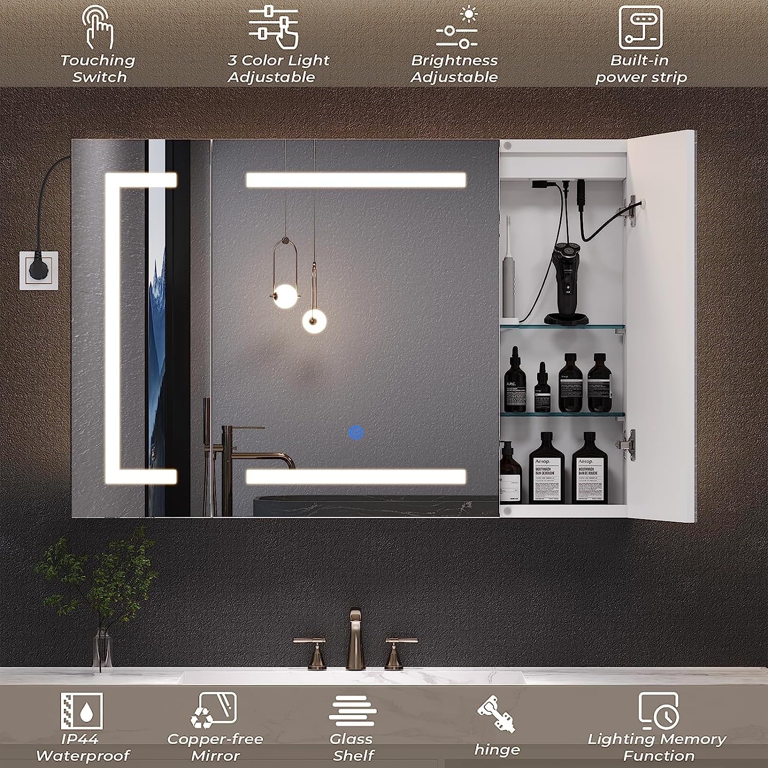 Lighted Medicine Cabinet with Mirror&LED Light for Bathroom,Wall Mounted Bathroom Mirror Cabinet with Storage and 2 Outlet and 3 Doors for Home, White, 39.4" x 23.6"