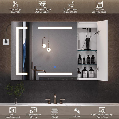 Lighted Medicine Cabinet with Mirror&LED Light for Bathroom,Wall Mounted Bathroom Mirror Cabinet with Storage and 2 Outlet and 3 Doors for Home, White, 39.4" x 23.6"
