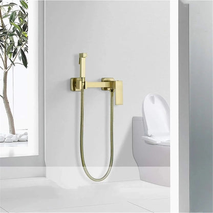 Bidet Faucet Set, Brushed Gold Full Copper High Pressure Toilet Gun, Bathroom Wall Mounted Hot and Cold Water Mixer Bidet Sprayer Shattaf