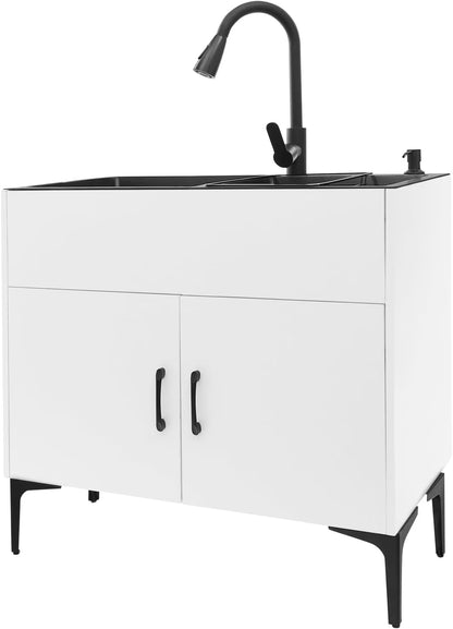 Laundry Sink Cabinet with Pull-Down Faucet Stainless Steel Utility Sink for Laundry Utility Room Bathroom Vanity Sink Cabinet with 2 Doors for Kitchen Outdoor (White)