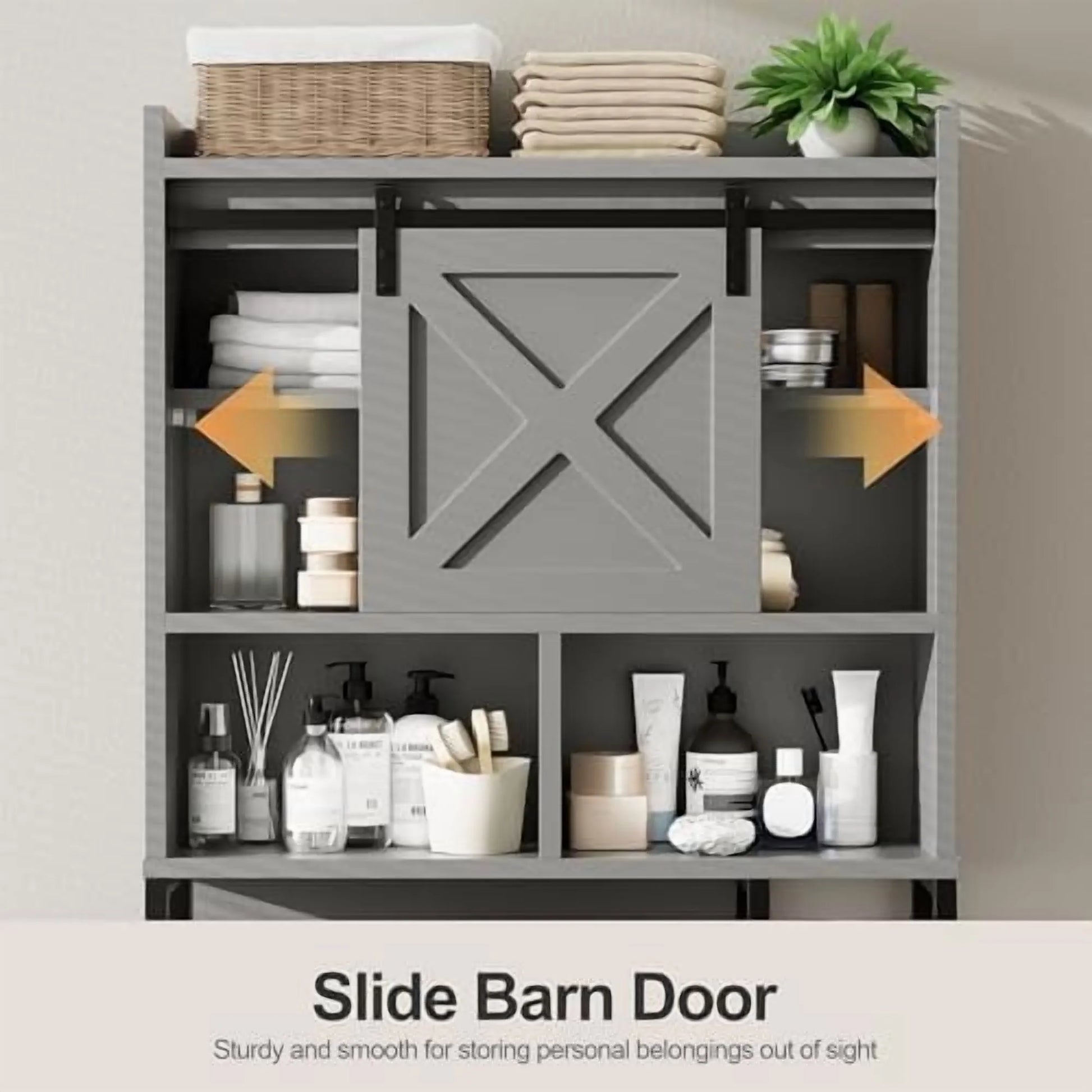 Over The Toilet Storage Cabinet, Farmhouse Storage Cabinet Over Toilet with Sliding Barn Doors, Freestanding Bathroom Organizer Shelf Space Saving, Grey