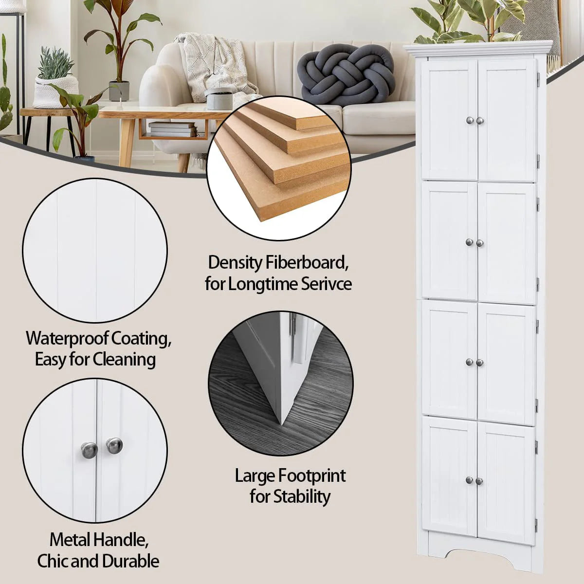 Yoleny Corner Storage Cabinet, Corner Hutch Cabinet with 8 Doors Organizer Solid Wood 90 Degree Storage Cabinet for Bathroom, Living Room, Kitchen, White