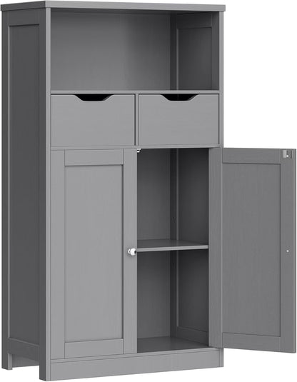 Vongrasig Farmhouse Freestanding Pantry Cabinet with 2 Drawers and Shelves, Wooden Storage Organizer for Bathroom, Living Room, Grey