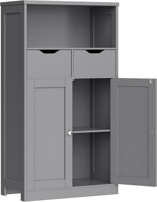 Vongrasig Farmhouse Freestanding Pantry Cabinet with 2 Drawers and Shelves, Wooden Storage Organizer for Bathroom, Living Room, Grey