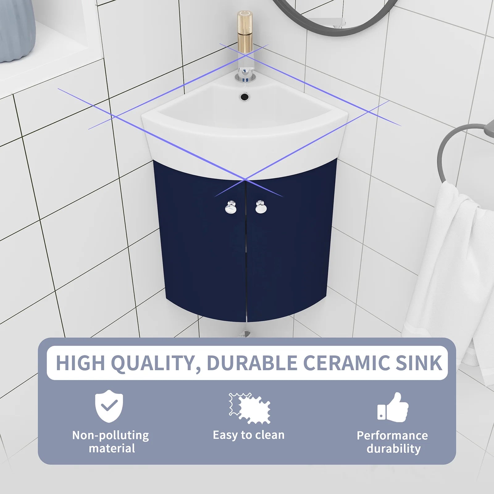 Modern Corner Bathroom Vanity Combo For Small Space, Floating Wall Mounted Cabinet Set Small Bathroom Vanity With Sink, Metal Handles Door Sturdy Structure Furniture