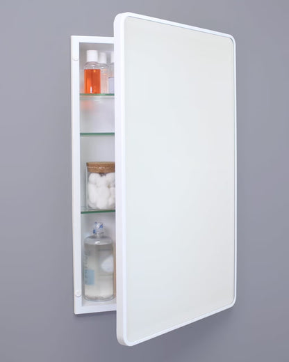 16x26 Austin Farmhouse Metal Framed Rounded Rectangle Recessed Bathroom Medicine Cabinet, Beveled Mirror, 14x24 in-Wall Opening, Powder-coated Steel, Adjustable Glass Shelves, Magnet Close, Gold