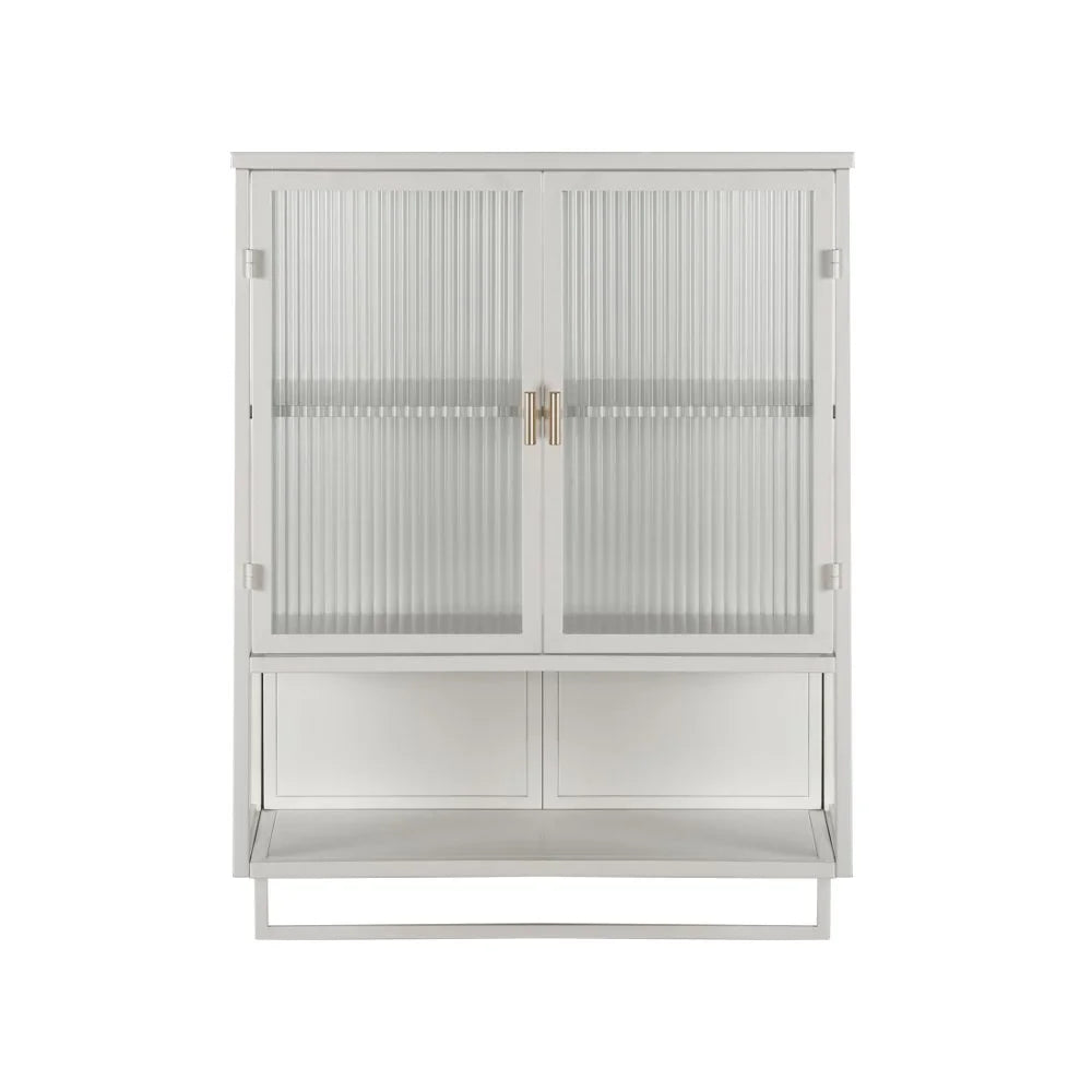 Tcbosik Modern Metal Wall Storage Cabinet with 2 Glass Door and Detachable Shelf, Open Shelf, and Towel Bar, Vintage Cabinet for Kitchen Dining, Bathroom, Living Room, White