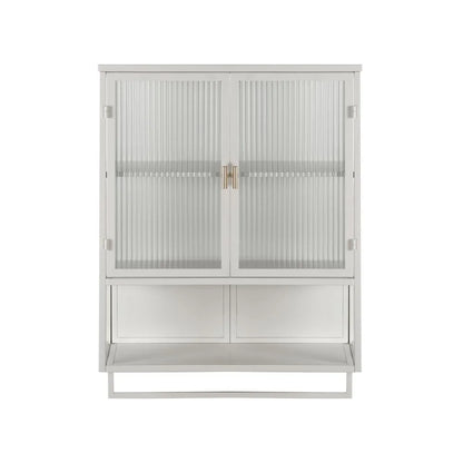 Tcbosik Modern Metal Wall Storage Cabinet with 2 Glass Door and Detachable Shelf, Open Shelf, and Towel Bar, Vintage Cabinet for Kitchen Dining, Bathroom, Living Room, White