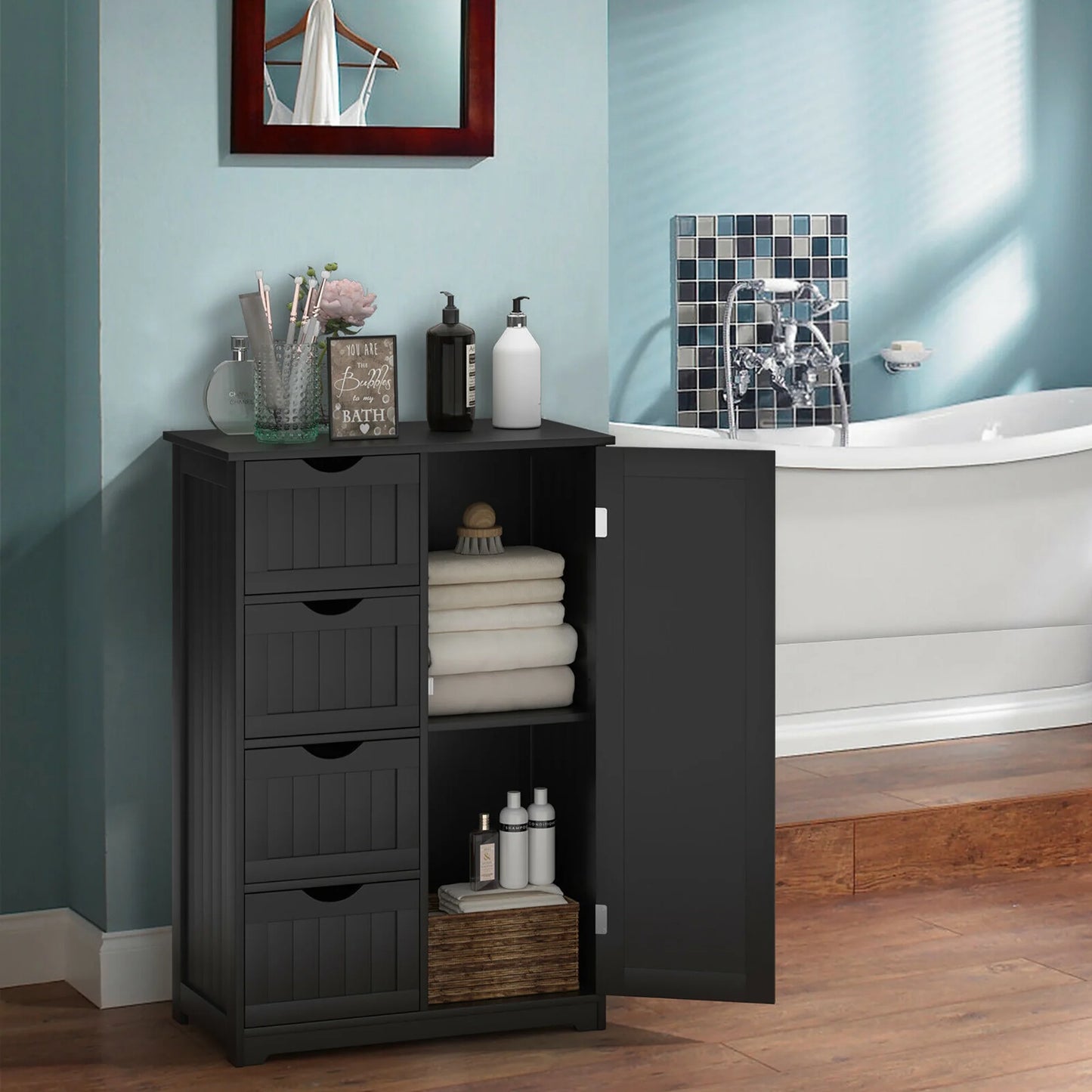 Bathroom Storage Wooden 4 Drawer Cabinet Cupboard 2 Shelves Free Standing White