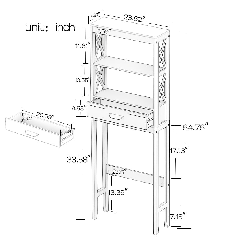 Over The Toilet Storage Cabinet with Drawer and 2 Shelves,Bathroom Space Saver Storage Rack,Toilet Shelf Organizer,White