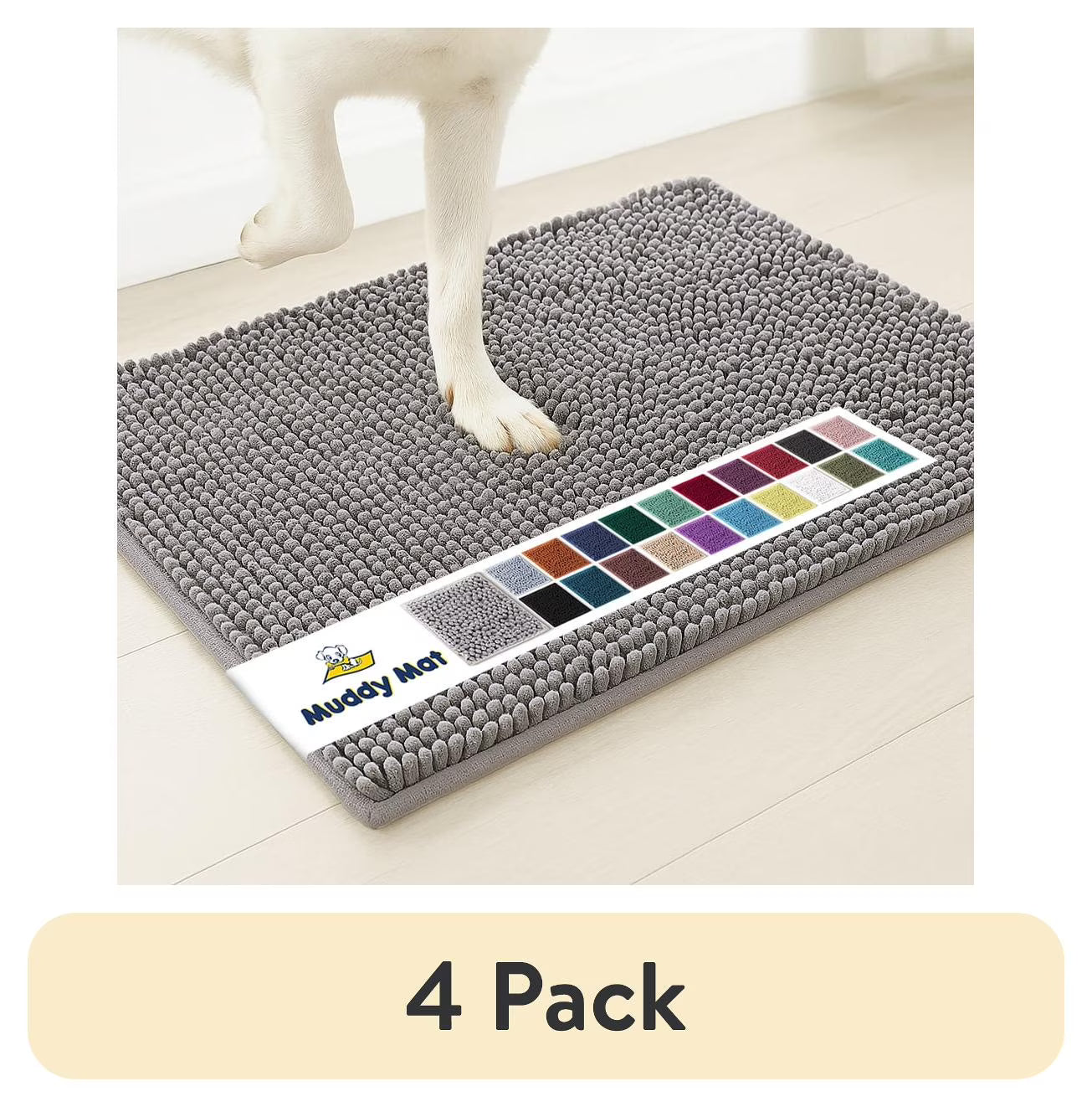 (4 pack) Muddy Mat® SHOWN ON TV Highly Absorbent Microfiber Door Mat and Pet Rug Non Slip Thick Washable Area and Bath Mat Soft Chenille for Kitchen Bathroom Bedroom Indoor and Outdoor - Grey Medium 30"X19"