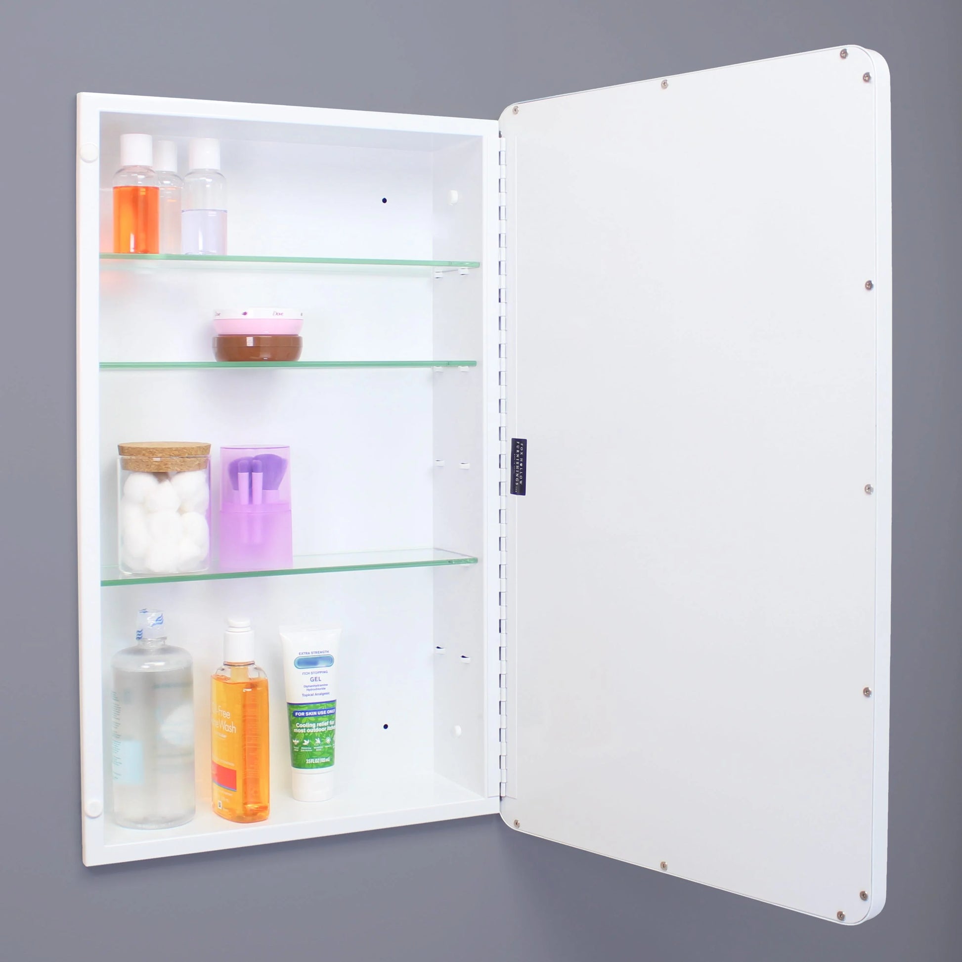 16x26 Austin Farmhouse Metal Framed Rounded Rectangle Recessed Bathroom Medicine Cabinet, Beveled Mirror, 14x24 in-Wall Opening, Powder-coated Steel, Adjustable Glass Shelves, Magnet Close, Gold