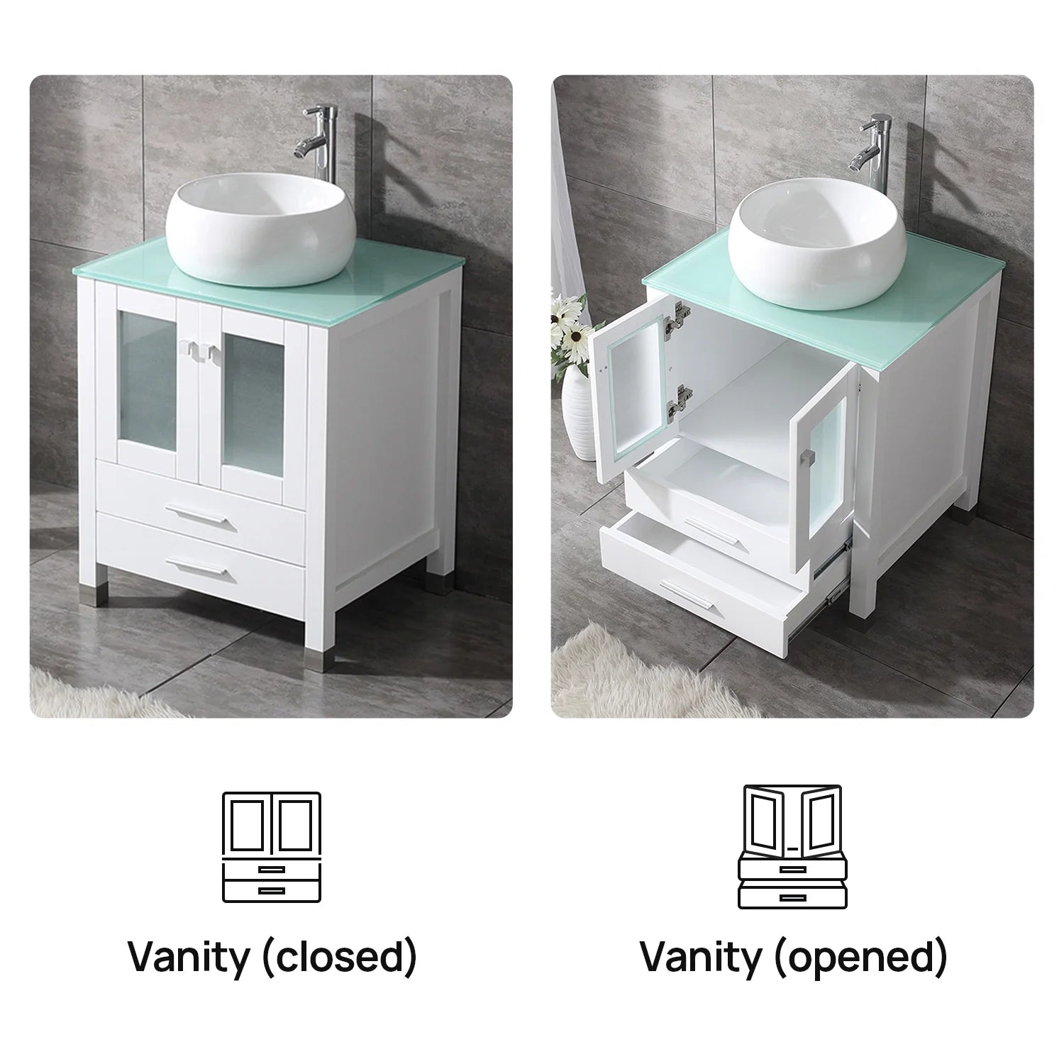 Wonline 24" Bathroom Vanity Cabinet Ceramic Sink Faucet Drain Combo w/ Mirror Set White