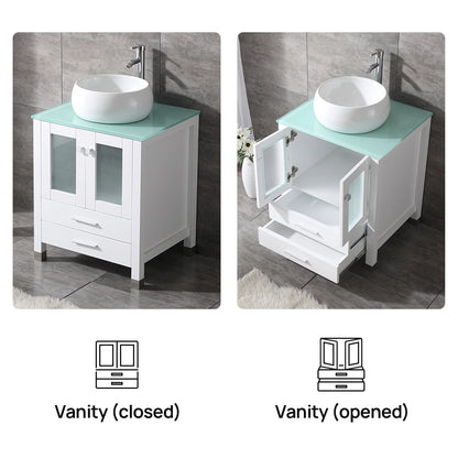 Wonline 24" Bathroom Vanity Cabinet Ceramic Sink Faucet Drain Combo w/ Mirror Set White