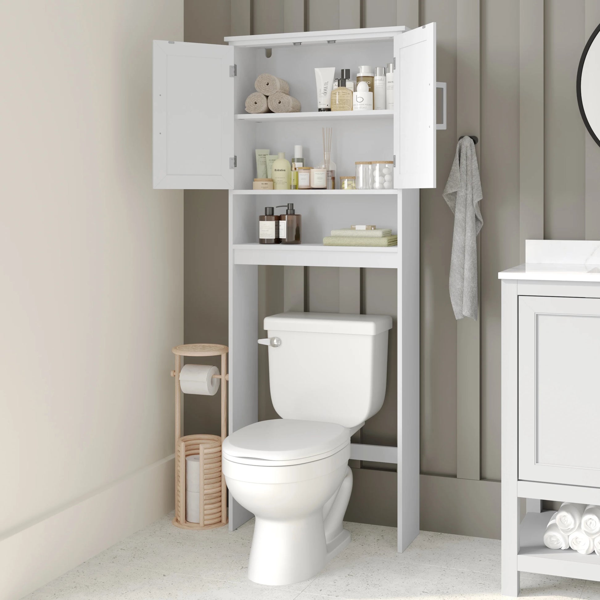 Emma + Oliver Over the Toilet Cabinet Storage Bathroom Organizer with In-Cabinet Adjustable Shelf, Open Lower Shelf, and Dual Magnetic Closure Doors in White