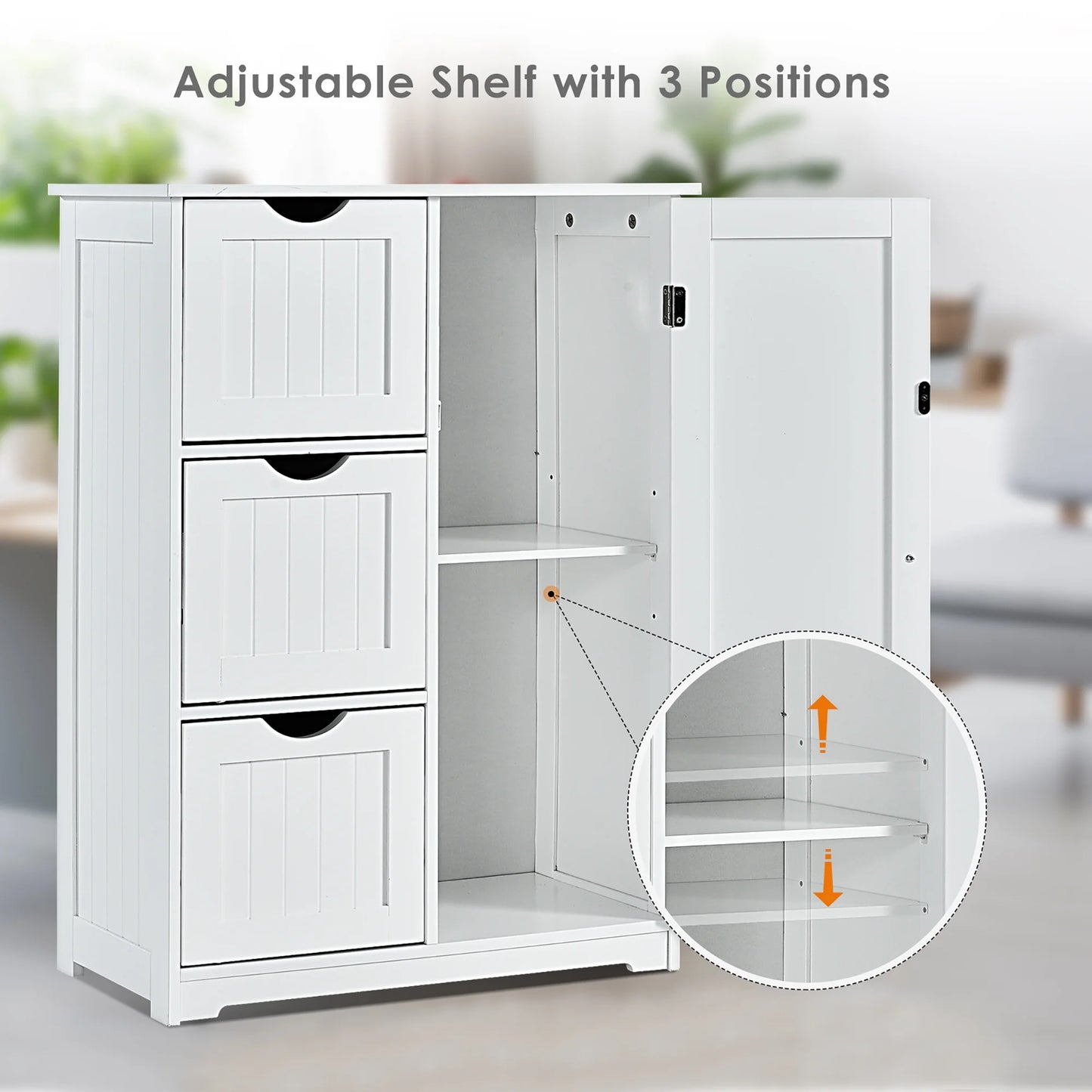 Costway Bathroom Floor Cabinet Side Storage Cabinet with 3 Drawers and 1 Cupboard White