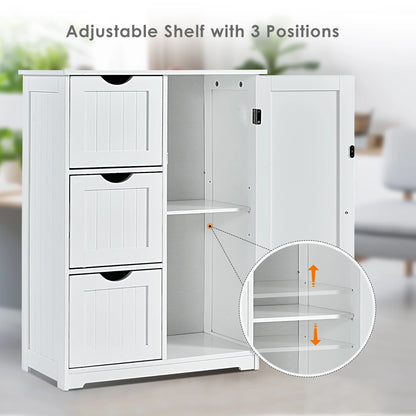Costway Bathroom Floor Cabinet Side Storage Cabinet with 3 Drawers and 1 Cupboard White
