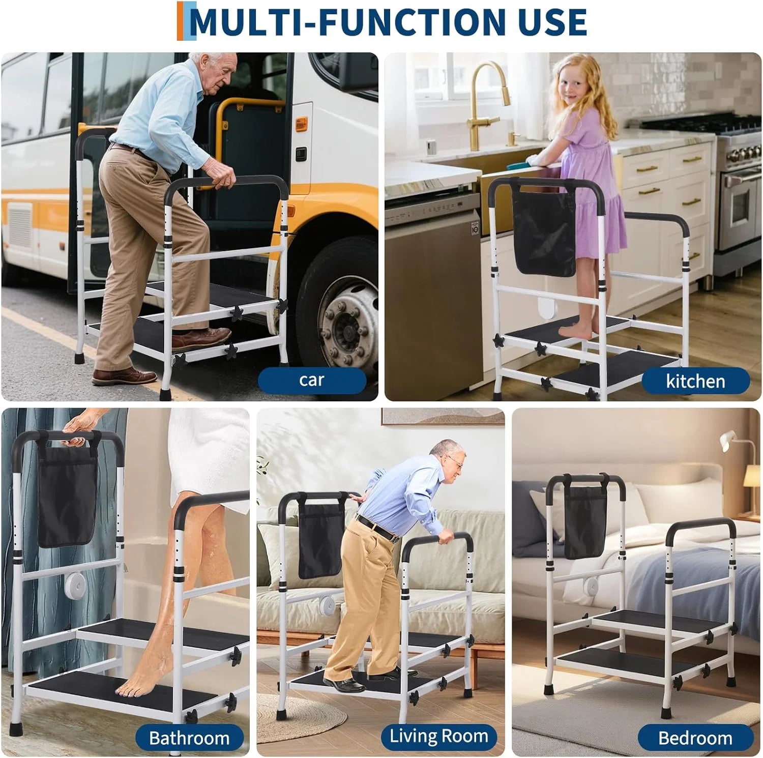 Bed Step Stool for High Bed for Elderly, Bed Rails for Elderly with Adjustable Height Bed Step Stool, Bed Safety Rail Up to 440 Lbs with Handicap Grab Bars for Fall Prevention for Bedside, Bathtub