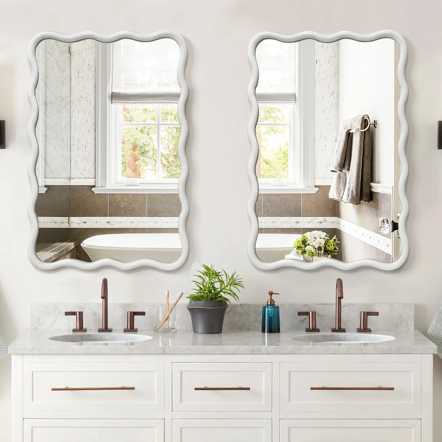 TEWLOSS Wavy Mirrors Wall Mirror, 30"x20" Bathroom Mirror Wood Framed, White