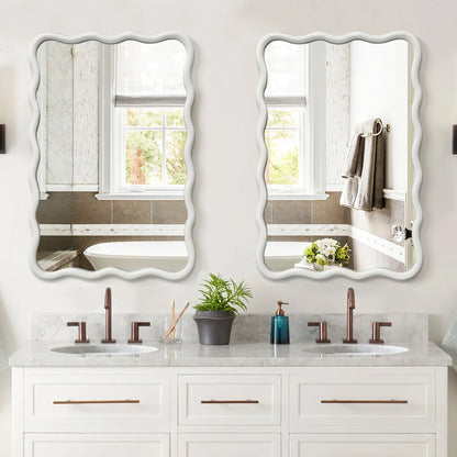 TEWLOSS Wavy Mirrors Wall Mirror, 30"x20" Bathroom Mirror Wood Framed, White