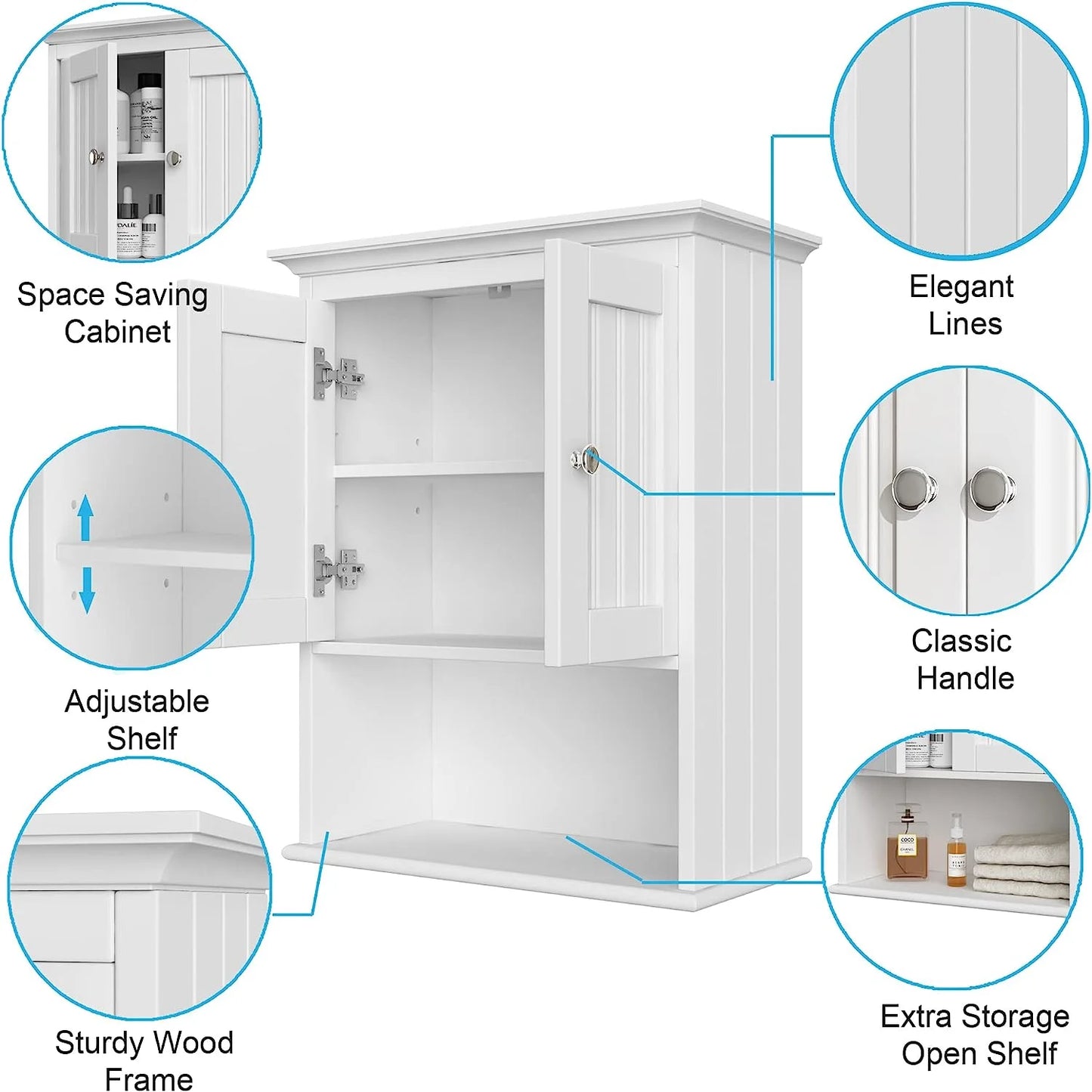 Wood Wall Cabinet, Bathroom Medicine Cabinet Storage with Doors and Adjustable Shelf, Rustic Cabinet Wall Mounted for Bathroom, Livingroom, Kitchen, Cupboard, White