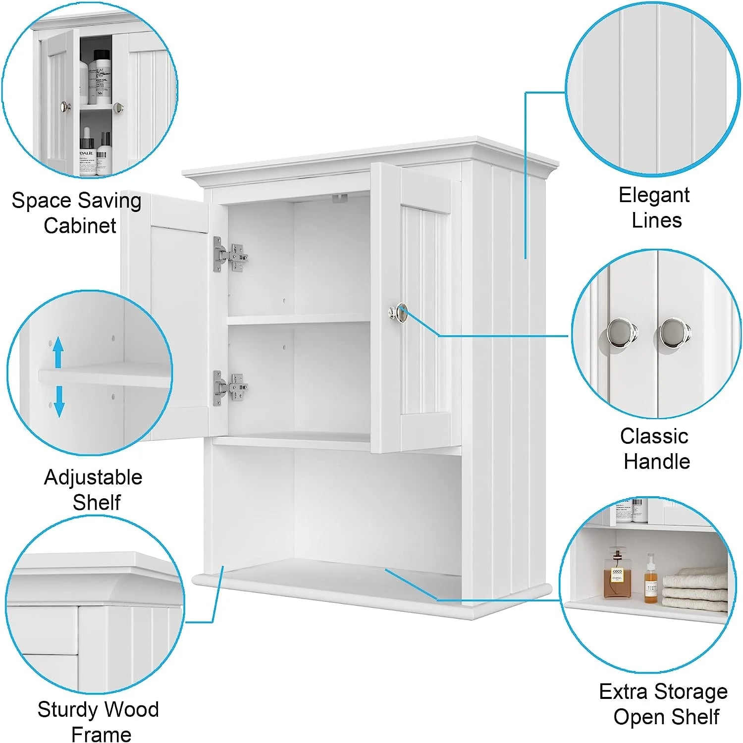 Wood Wall Cabinet, Bathroom Medicine Cabinet Storage with Doors and Adjustable Shelf, Rustic Cabinet Wall Mounted for Bathroom, Livingroom, Kitchen, Cupboard, White