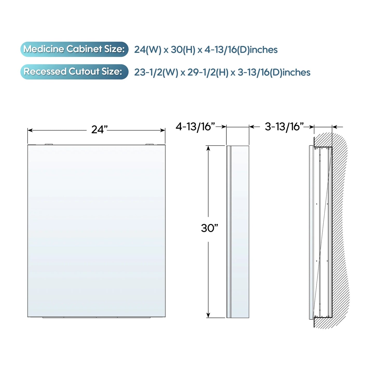 24" x 30" Bi-View Medicine Cabinet with Mirror, Surface Mount or Recessed Mirror Medicine Cabinet for Bathroom, Anodized Chrome Aluminum Frame, Bathroom Mirror Cabinet with Storage Right Open