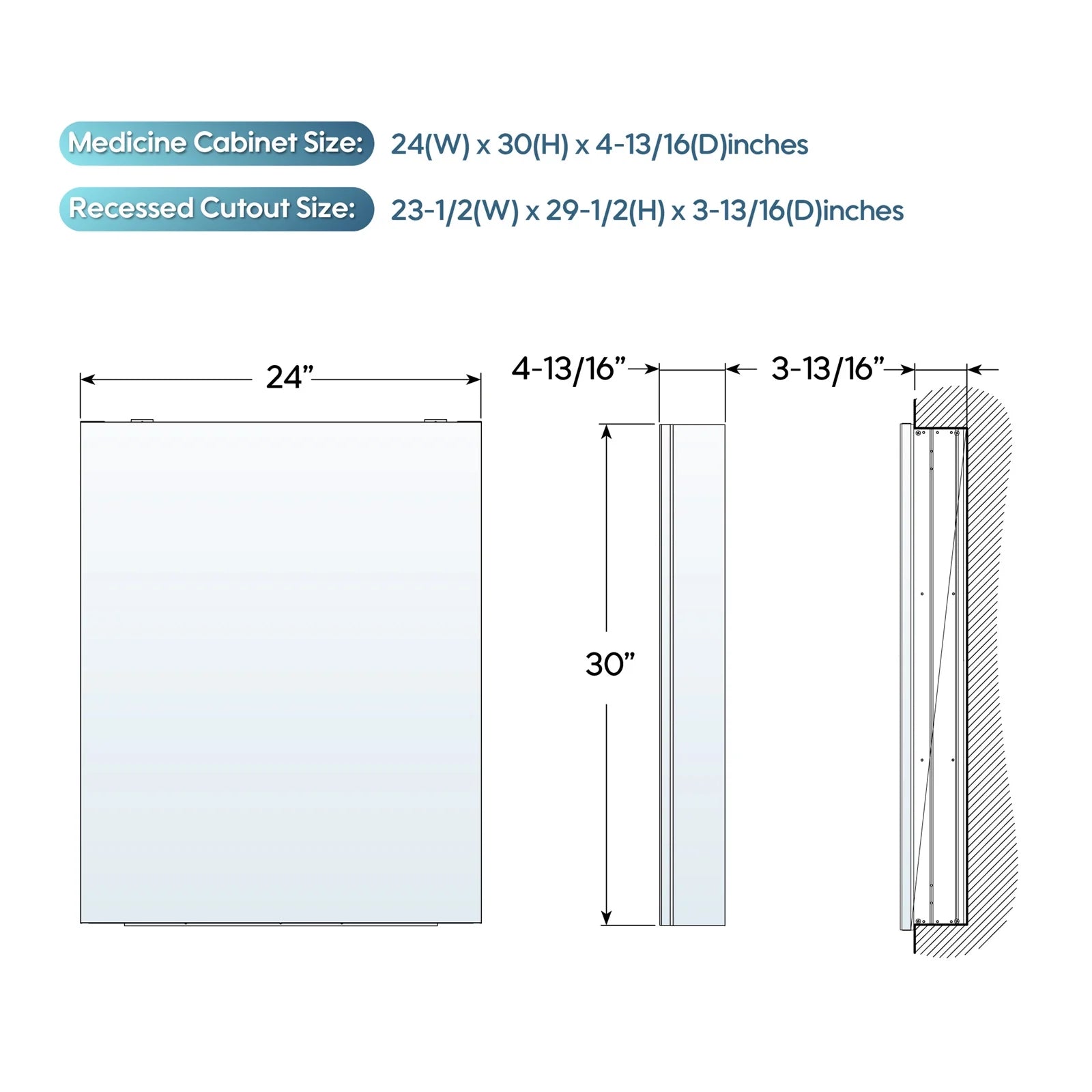 24" x 30" Bi-View Medicine Cabinet with Mirror, Surface Mount or Recessed Mirror Medicine Cabinet for Bathroom, Anodized Chrome Aluminum Frame, Bathroom Mirror Cabinet with Storage Right Open
