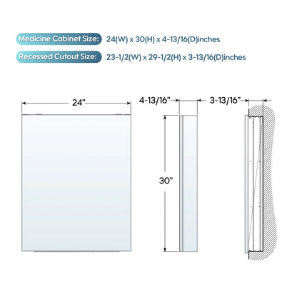 24" x 30" Bi-View Medicine Cabinet with Mirror, Surface Mount or Recessed Mirror Medicine Cabinet for Bathroom, Anodized Chrome Aluminum Frame, Bathroom Mirror Cabinet with Storage Right Open