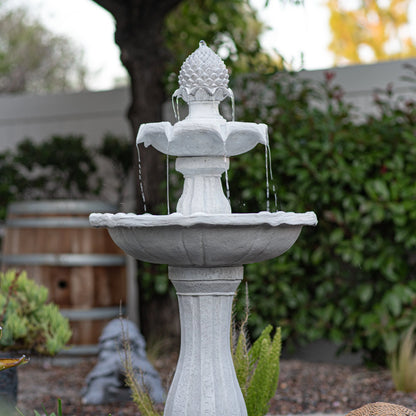 XBrand 44" H White Fiberglass/Resin 2-Tier Solar Water Fountain w/ Solar Panel and Auto-Shut Off Pump, Solar Garden Fountain, Tall Outdoor Fountain, Two Tiered Birdbath Fountain