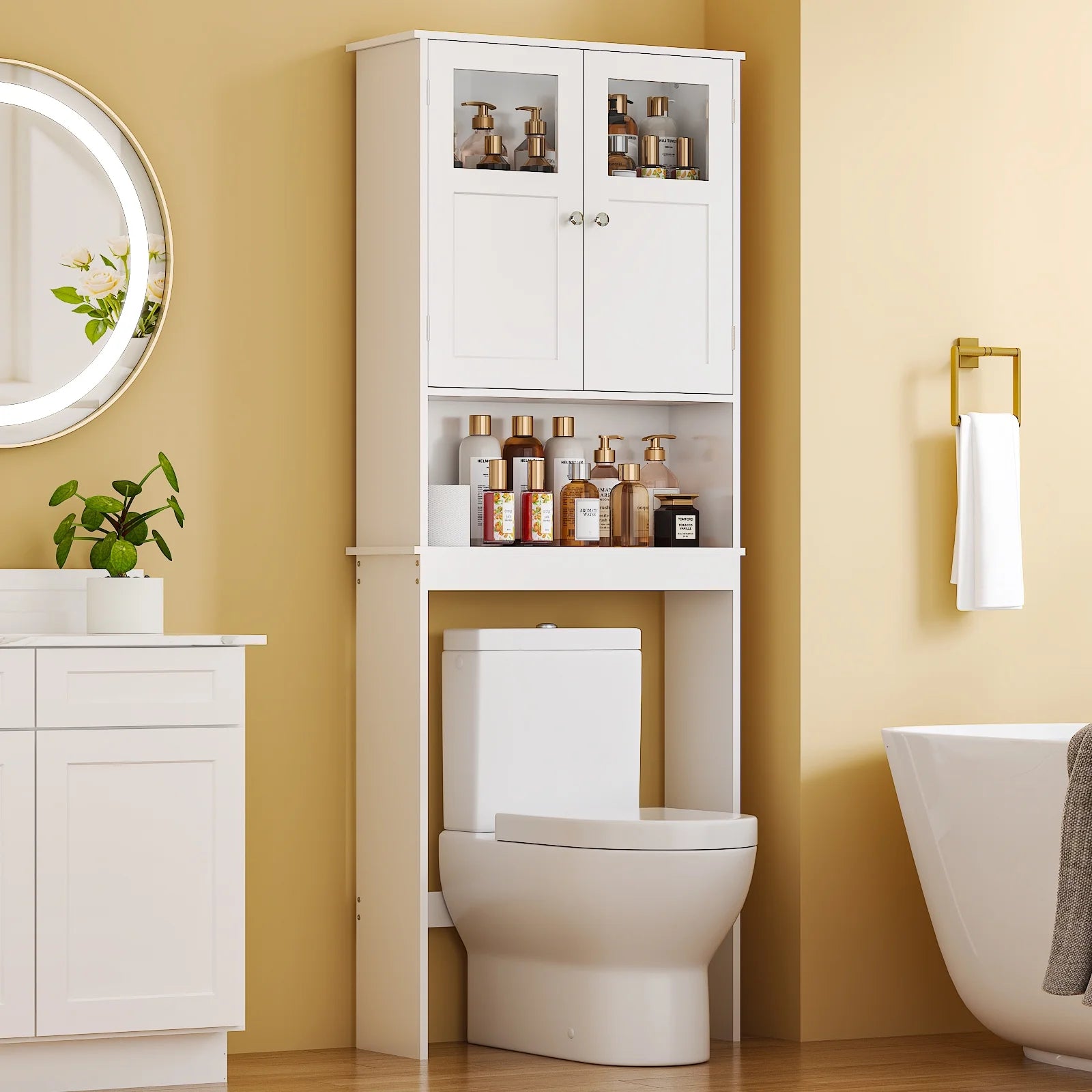 Ktaxon Over the Toilet Bathroom Storage Cabinet with 2 Doors & 3 Storage Shelves Space Saver, White