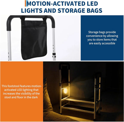 Bed Step Stool for High Bed for Elderly, Bed Rails for Elderly with Adjustable Height Bed Step Stool, Bed Safety Rail Up to 440 Lbs with Handicap Grab Bars for Fall Prevention for Bedside, Bathtub