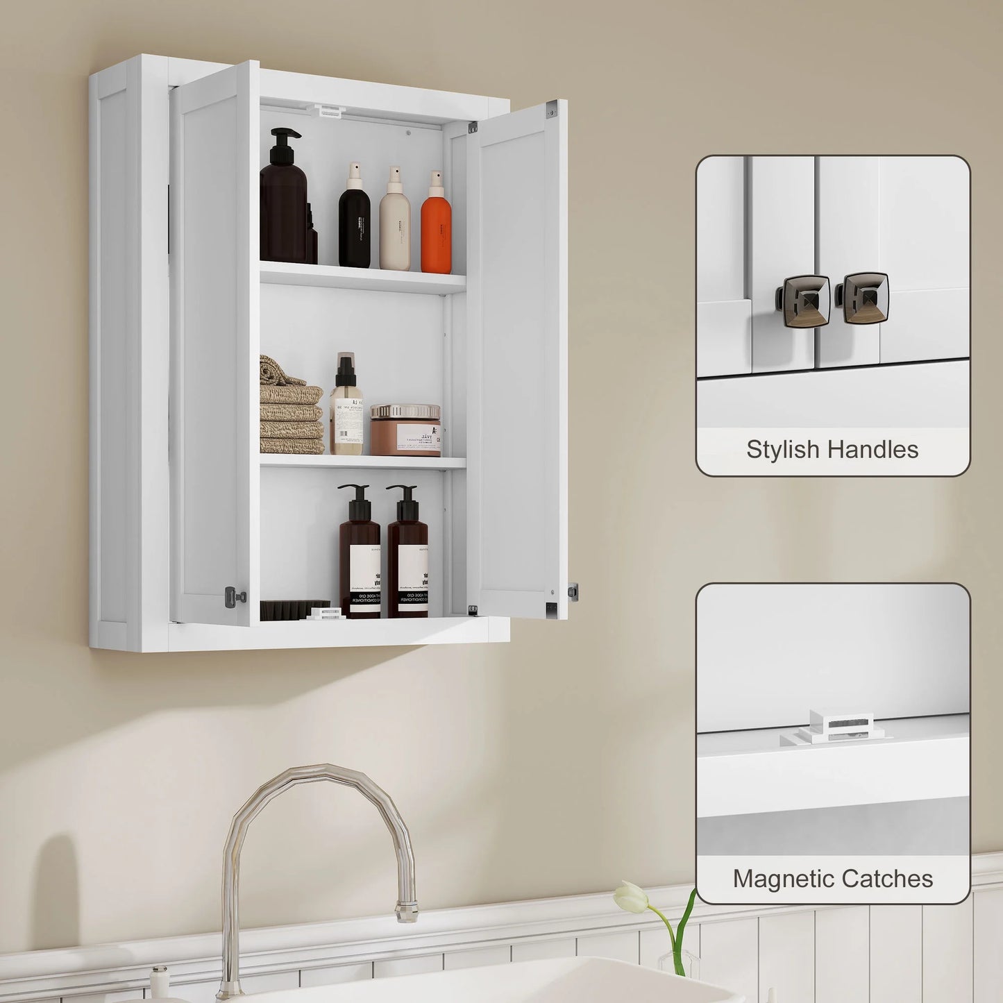 HOMCOM Bathroom Wall Cabinet, Modern Medicine Cabinet Wall Mounted, Over The Toilet Space Saver with 2 Doors and 2 Adjustable Shelves, White